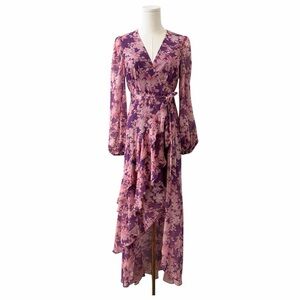 Hutch Sadey Purple Floral Wrap Midi Dress High Low Wedding Guest XS NWT